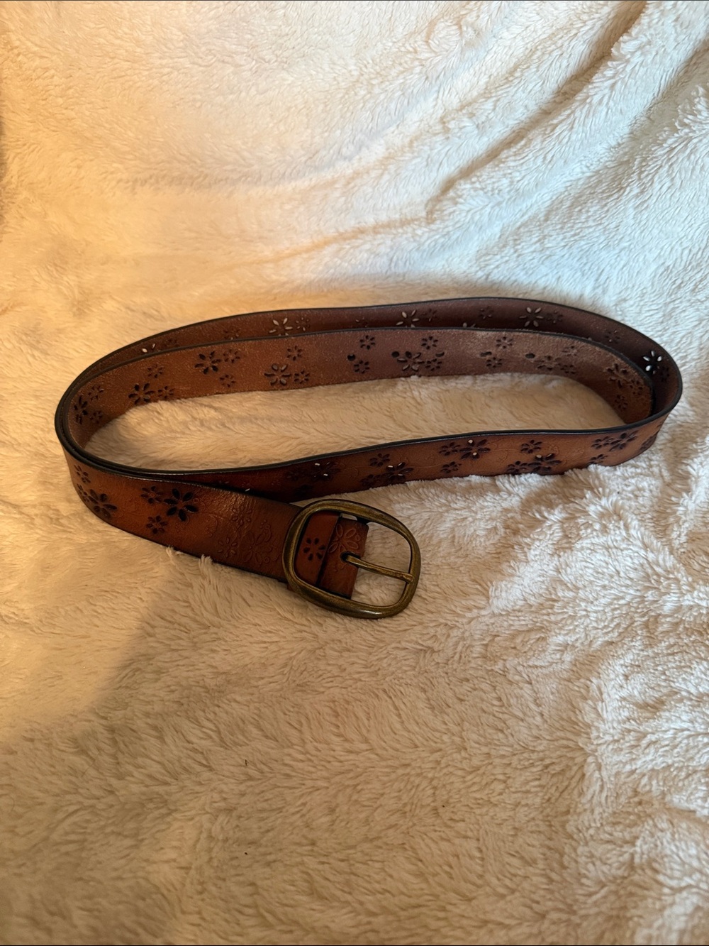 Women's Brown Floral-Perforated Leather Belt